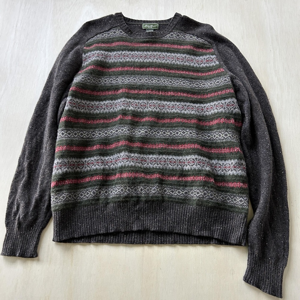 Eddie Bauer Sweater Mens 2XL Gray Fair Isle Wool Camel Hair Crewneck Pullover